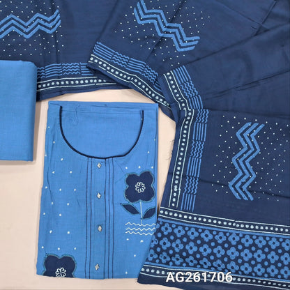 Powder blue mercerized handloom cotton unstitched salwar material,floral applique work on yoke,(lining needed)cotton bottom,hand block printed mul cotton dupatta. AG261706