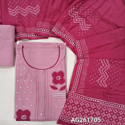 Pastel pink mercerized handloom cotton unstitched salwar material,floral applique work on yoke,(lining needed)cotton bottom,hand block printed mul cotton dupatta. AG261705