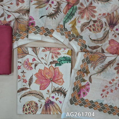 Light beige base semi linen unstitched salwar material,floral printed with thread and sequins on daman, (lining optional)pink spun cotton bottom, colorful digital printed semi linen dupatta(TAPPING NEEDED). AG261704