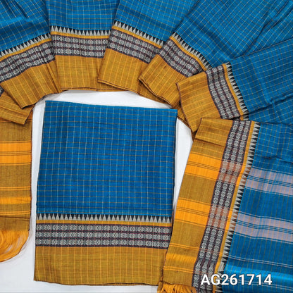 Peacock blue mercerized handloom cotton unstitched salwar material(thin, lining needed) checked all over with contrast traditional thread woven border, bottom included with top, checked mercerized handloom cotton dupatta with borders and tassels. AG261714