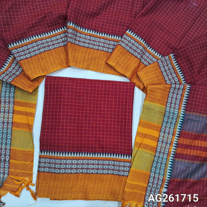 Red mercerized handloom cotton unstitched salwar material(thin, lining needed) checked all over with contrast traditional thread woven border, bottom included with top, checked mercerized handloom cotton dupatta with borders and tassels. AG261715