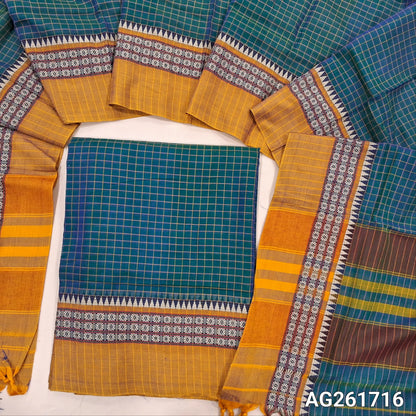 Teal blue mercerized handloom cotton unstitched salwar material(thin, lining needed) checked all over with contrast traditional thread woven border, bottom included with top, checked mercerized handloom cotton dupatta with borders and tassels. AG261716