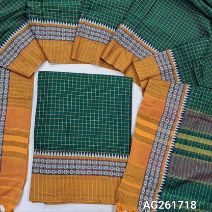 Bottle green mercerized handloom cotton unstitched salwar material(thin, lining needed) checked all over with contrast traditional thread woven border, bottom included with top, checked mercerized handloom cotton dupatta with borders and tassels. AG261718