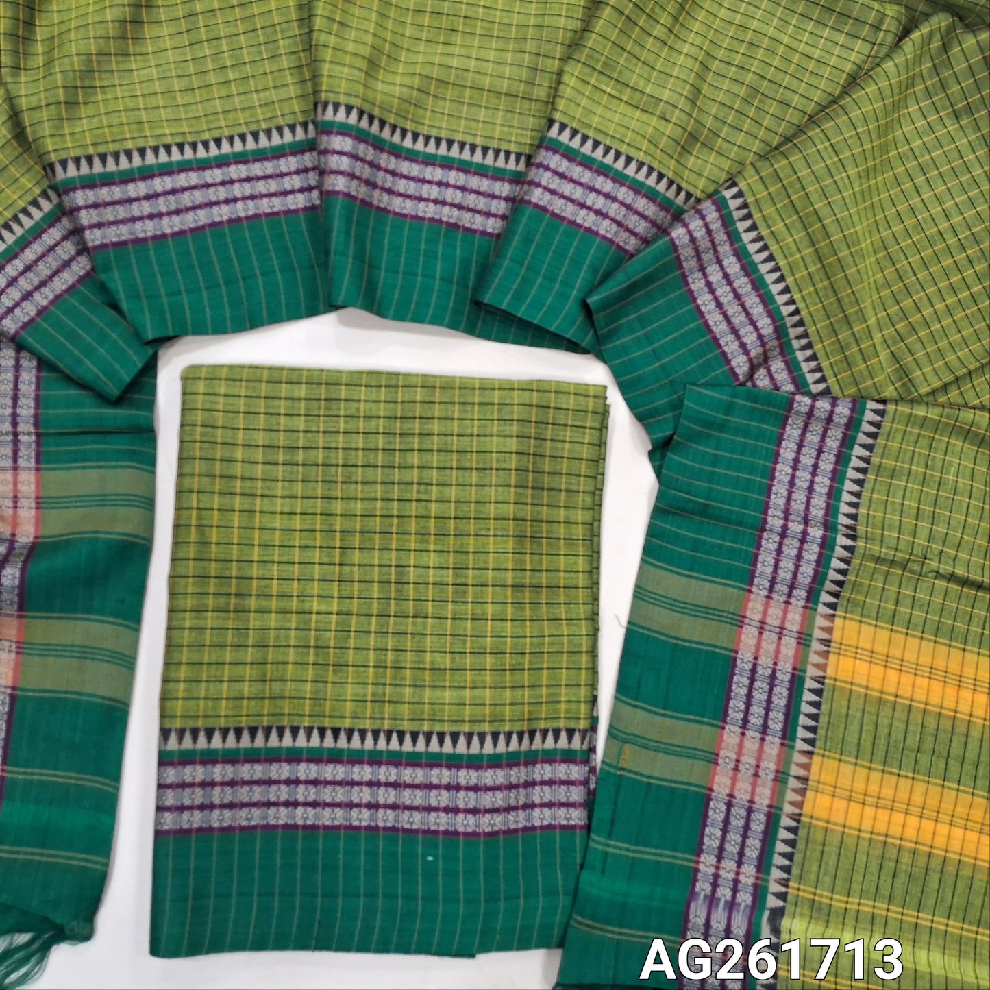 Mossy green mercerized handloom cotton unstitched salwar material(thin, lining needed) checked all over with contrast traditional thread woven border, bottom included with top, checked mercerized handloom cotton dupatta with borders and tassels. AG261713