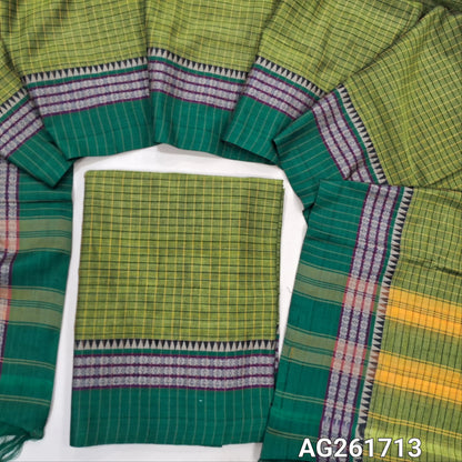 Mossy green mercerized handloom cotton unstitched salwar material(thin, lining needed) checked all over with contrast traditional thread woven border, bottom included with top, checked mercerized handloom cotton dupatta with borders and tassels. AG261713