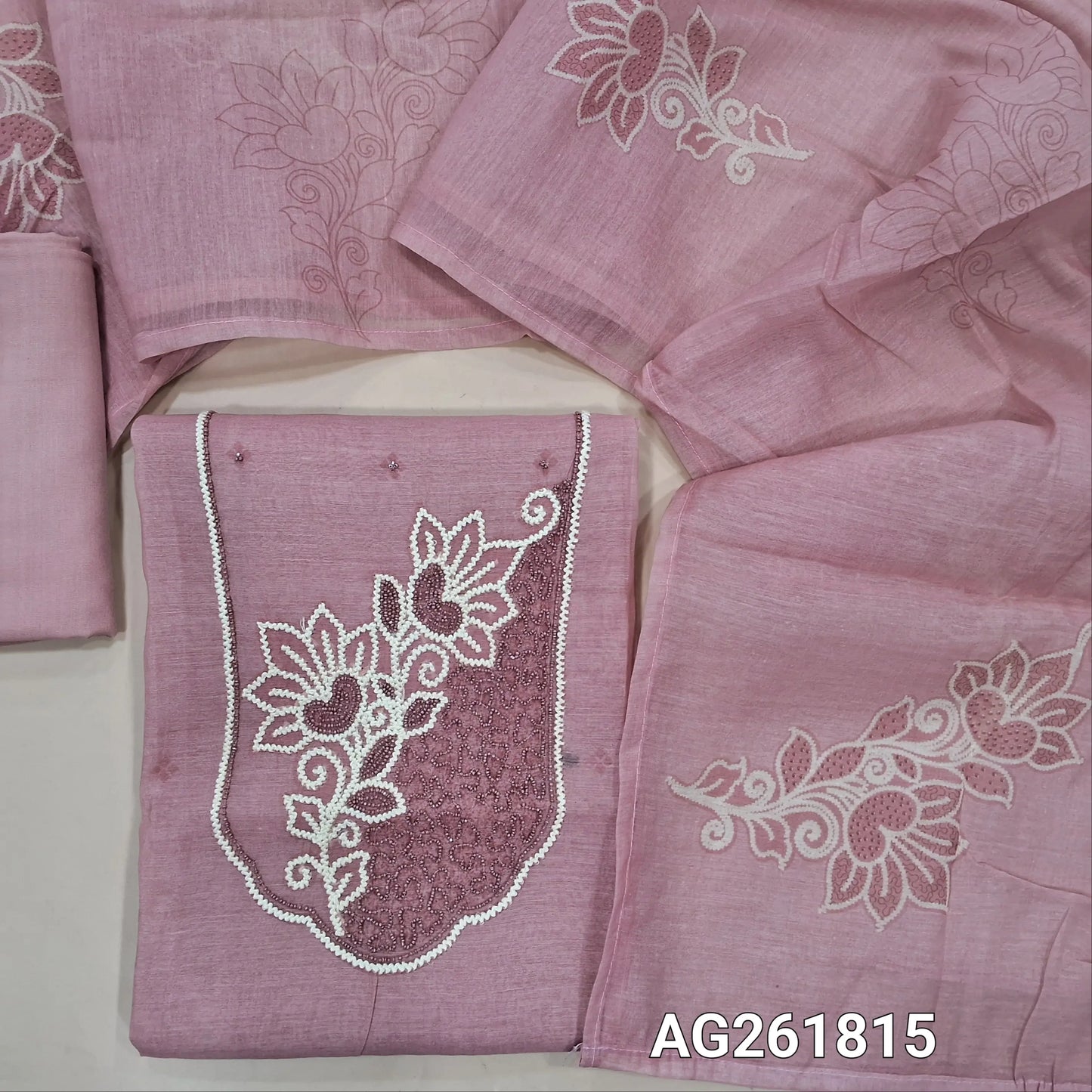 Designer Pink pure mul chanderi unstitched salwar material,embroidery and sugar bead work on yoke,( soft,lining needed)spun cotton bottom, printed pure mul chanderi dupatta. AG261815