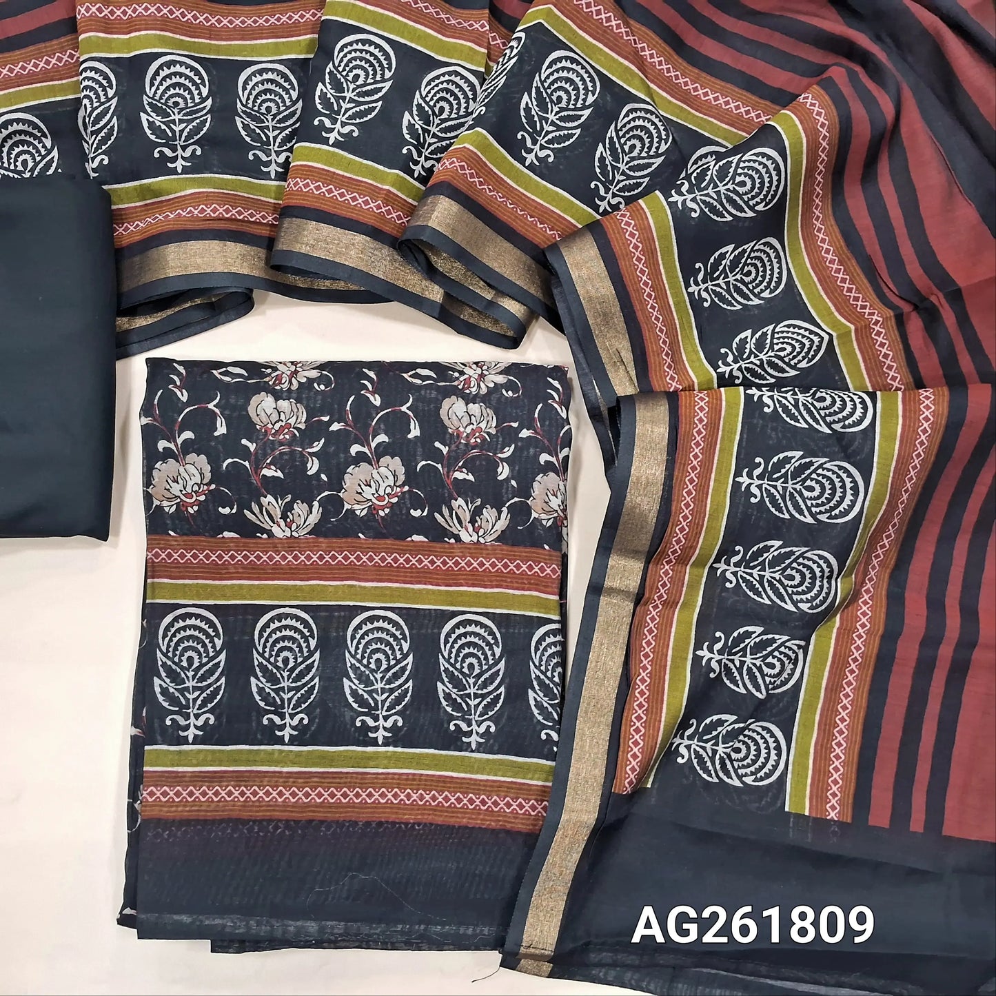 Black floral printed  premium chanderi silk cotton unstitched salwar material, floral printed daman,(lining needed)spun cotton bottom, vertical striped chanderi silk cotton with printed borders. AG261809