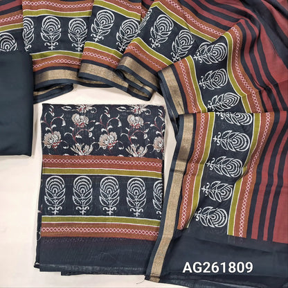 Black floral printed  premium chanderi silk cotton unstitched salwar material, floral printed daman,(lining needed)spun cotton bottom, vertical striped chanderi silk cotton with printed borders. AG261809