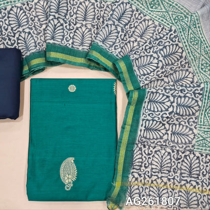 Teal blue benarasi silk cotton unstitched salwar material, thread woven buttas all over(Lining needed)dark blue spun cotton bottom,hand block printed pure kota cotton dupatta with tissue borders. AG261807
