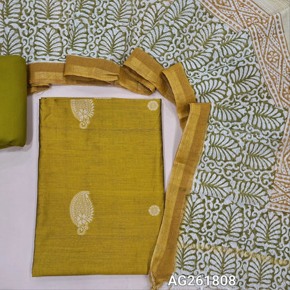 Mehandhi yellow benarasi silk cotton unstitched salwar material, thread woven buttas all over(Lining needed)mehandhi green spun cotton bottom,hand block printed pure kota cotton dupatta with tissue borders. AG261808