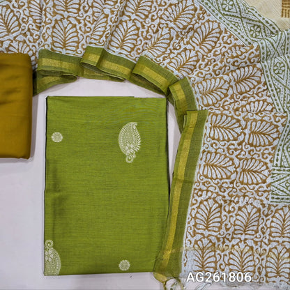 Mossy green benarasi silk cotton unstitched salwar material, thread woven buttas all over(Lining needed)dark blue spun cotton bottom,hand block printed pure kota cotton dupatta with tissue borders. AG261806
