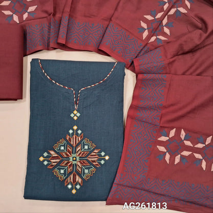 Dark blue premium slub cotton unstitched salwar material, applique and faux mirror on yoke( soft,lining needed)reddish maroon cotton bottom,premium hand block printed mul cotton dupatta. AG261813