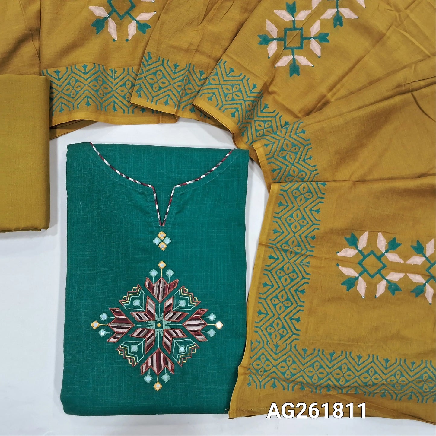 Teal green premium slub cotton unstitched salwar material, applique and faux mirror on yoke( soft,lining needed)mehandhi yellow cotton bottom,premium hand block printed mul cotton dupatta. AG261811