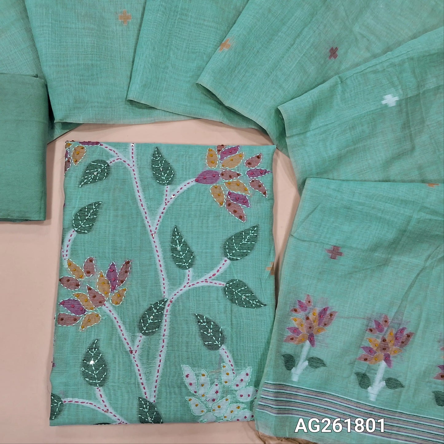 Pastel blue jamdani woven silk cotton unstitched salwar material, weaving with french knot and kantha stitch on front,(lining needed)santoon bottom, jamdani woven silk cotton dupatta with pallu. AG261801