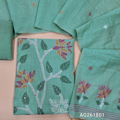 Pastel blue jamdani woven silk cotton unstitched salwar material, weaving with french knot and kantha stitch on front,(lining needed)santoon bottom, jamdani woven silk cotton dupatta with pallu. AG261801