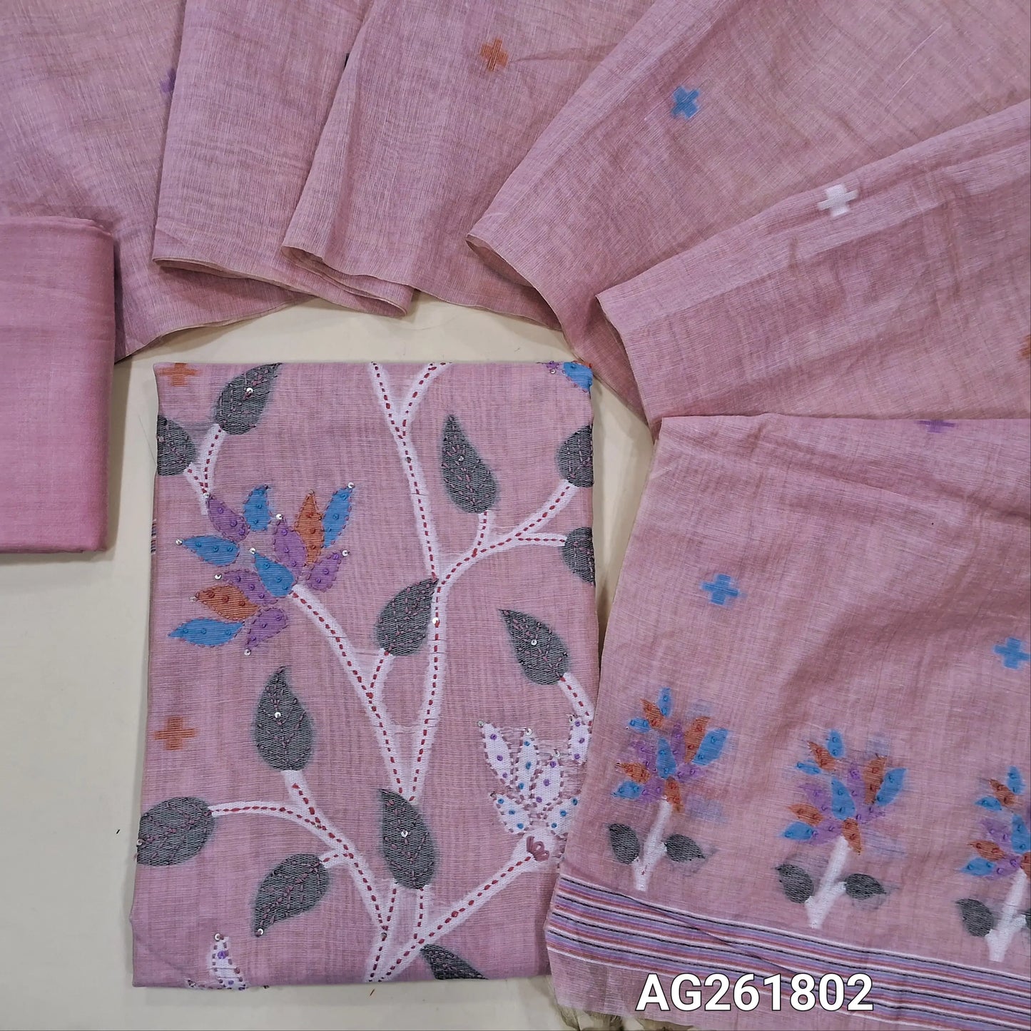 Pastel pink jamdani woven silk cotton unstitched salwar material, weaving with french knot and kantha stitch on front,(lining needed)santoon bottom, jamdani woven silk cotton dupatta with pallu. AG261802