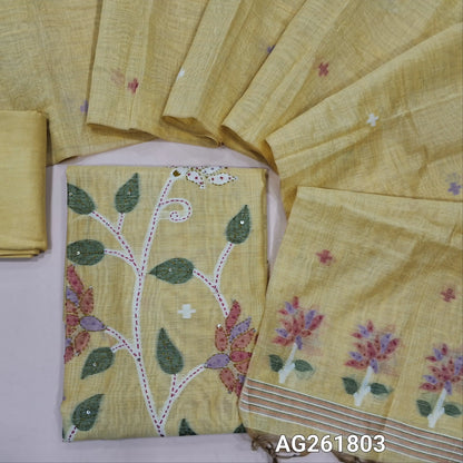Pastel yellow jamdani woven silk cotton unstitched salwar material, weaving with french knot and kantha stitch on front,(lining needed)santoon bottom, jamdani woven silk cotton dupatta with pallu. AG261803
