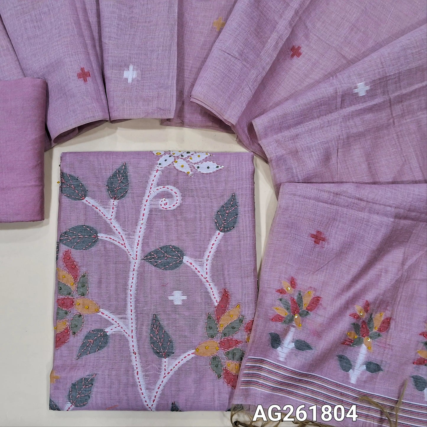Mauve jamdani woven silk cotton unstitched salwar material, weaving with french knot and kantha stitch on front,(lining needed)santoon bottom, jamdani woven silk cotton dupatta with pallu. AG261804