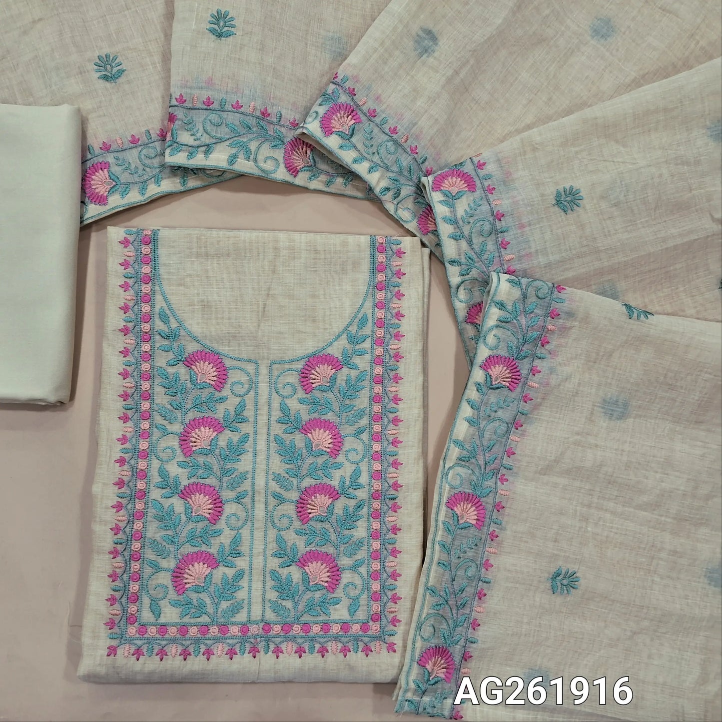 Light beige soft silk cotton unstitched salwar material,embroidery work on yoke(soft, lining needed)spun cotton bottom, embroidery work on silk cotton dupatta with borders. AG261916