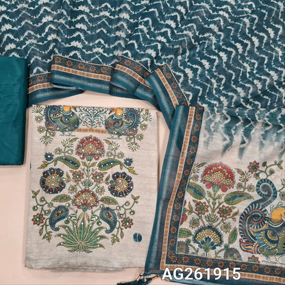 Beige semi jute silk cotton unstitched salwar material, digital printed with sequins work on daman,( lining needed)teal blue silky bottom,zig zag printed semi jute silk cotton dupatta with kalamkari pallu. AG261915