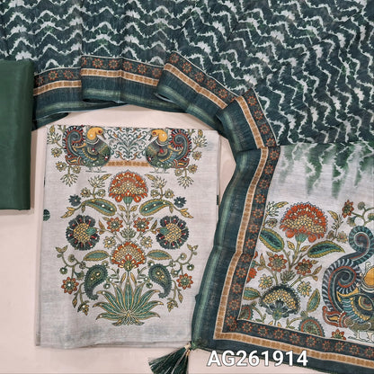 Beige semi jute silk cotton unstitched salwar material, digital printed with sequins work on daman,( lining needed)dark green silky bottom,zig zag printed semi jute silk cotton dupatta with kalamkari pallu. AG261914
