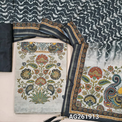 Beige semi jute silk cotton unstitched salwar material, digital printed with sequins work on daman,( lining needed)black silky bottom,zig zag printed semi jute silk cotton dupatta with kalamkari pallu. AG261913