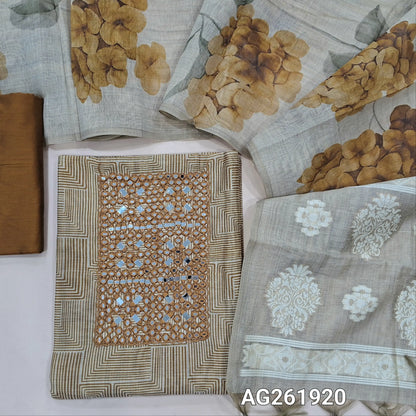 Beige base abstract printed premium silk cotton unstitched salwar material, real mirror on yoke, (soft, lining needed)mehandhi yellow silk cotton bottom,digital printed on silk cotton dupatta with jamdani woven pallu. AG261920