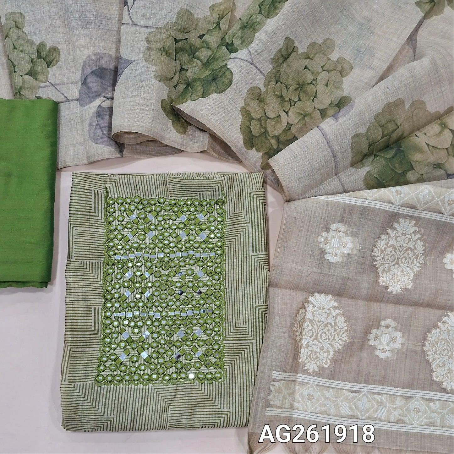 Beige base abstract printed premium silk cotton unstitched salwar material, real mirror on yoke, (soft, lining needed)green silk cotton bottom,digital printed on silk cotton dupatta with jamdani woven pallu. AG261918