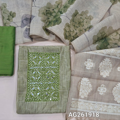 Beige base abstract printed premium silk cotton unstitched salwar material, real mirror on yoke, (soft, lining needed)green silk cotton bottom,digital printed on silk cotton dupatta with jamdani woven pallu. AG261918