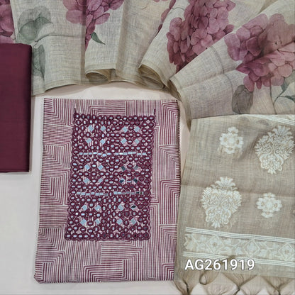 Beige base abstract printed premium silk cotton unstitched salwar material, real mirror on yoke, (soft, lining needed)beetroot purple silk cotton bottom,digital printed on silk cotton dupatta with jamdani woven pallu. AG261919