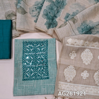 Beige base abstract printed premium silk cotton unstitched salwar material, real mirror on yoke, (soft, lining needed)teal blue silk cotton bottom,digital printed on silk cotton dupatta with jamdani woven pallu. AG261921