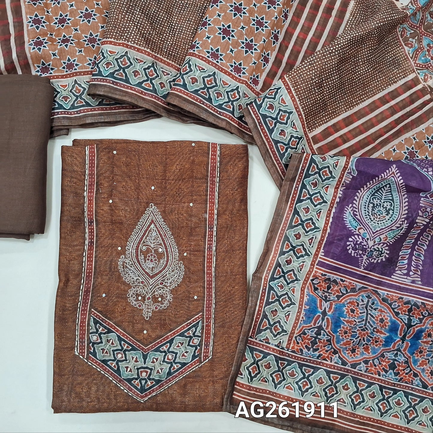 Dark brown digital printed soft silk cotton unstitched salwar material,zari embroidery and printed yoke,(Lining Needed) santoon bottom, ajrak digital printed silk cotton dupatta. AG261911