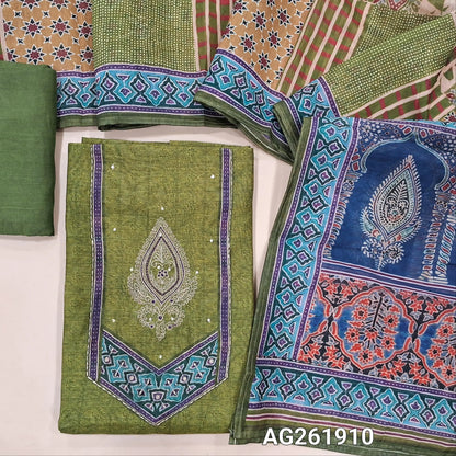 green digital printed soft silk cotton unstitched salwar material,zari embroidery and printed yoke,(Lining Needed) santoon bottom, ajrak digital printed silk cotton dupatta. AG261910