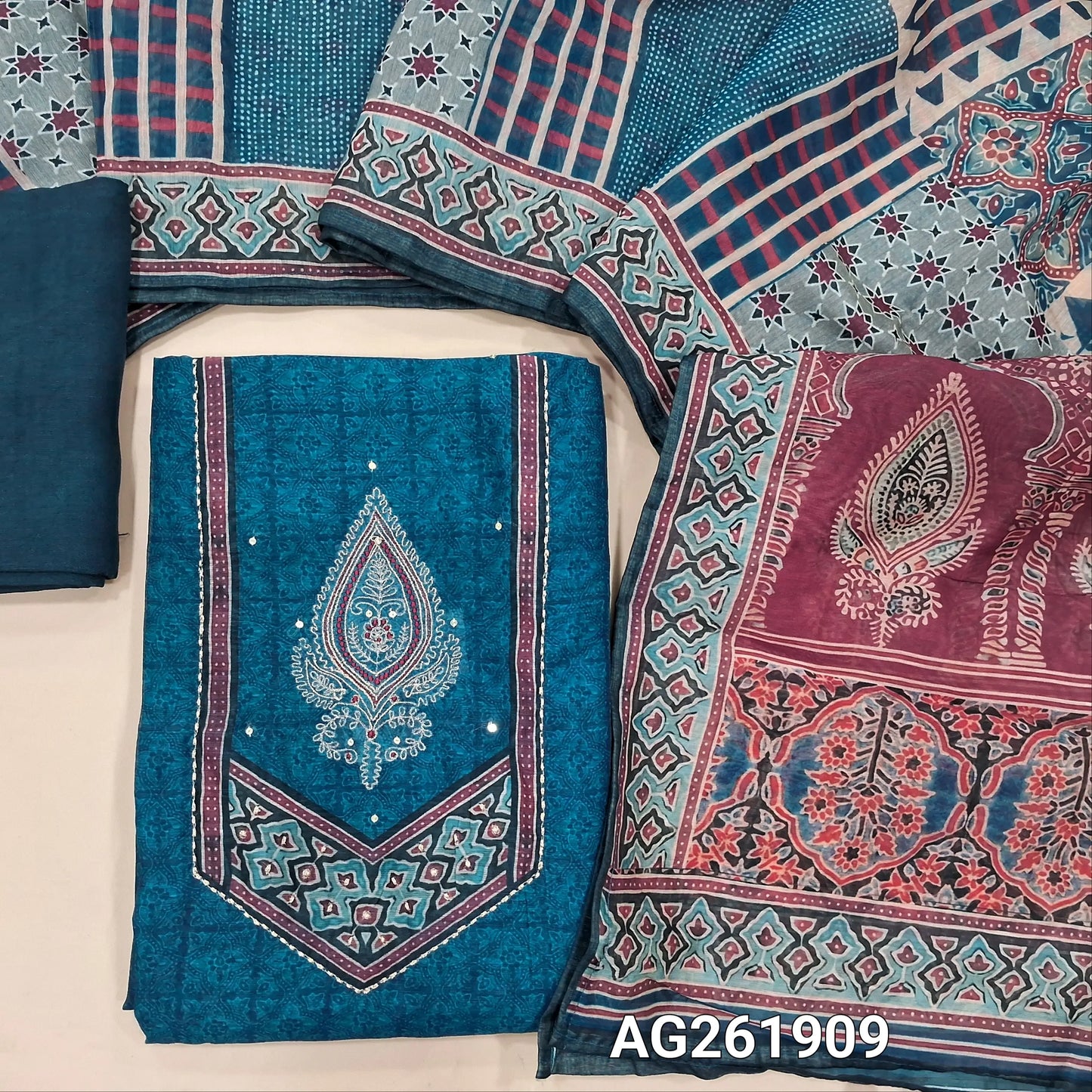 Teal blue digital printed soft silk cotton unstitched salwar material,zari embroidery and printed yoke,(Lining Needed) santoon bottom, ajrak digital printed silk cotton dupatta. AG261909