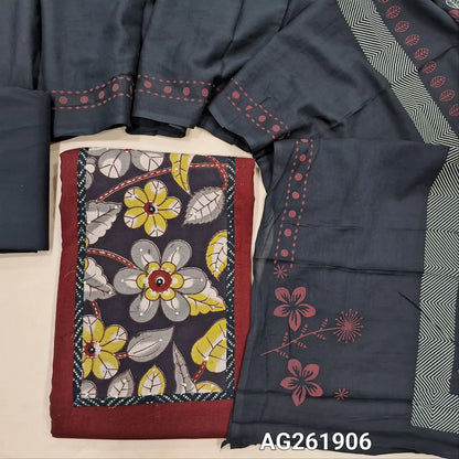 Maroon cotton unstitched salwar material,kalamkari yoke patch with kantha stitch, sequins and mirror work,(lining optional)black cotton bottom,hand block printed soft mul cotton dupatta. AG261906