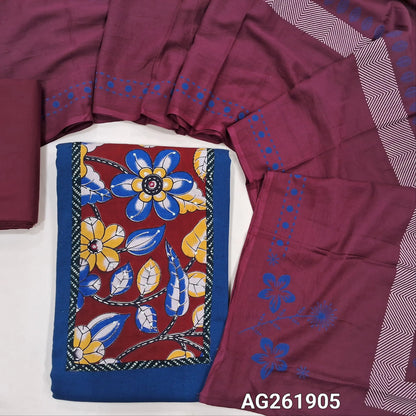 Blue cotton unstitched salwar material,kalamkari yoke patch with kantha stitch, sequins and mirror work,(lining optional)reddish maroon cotton bottom,hand block printed soft mul cotton dupatta. AG261905