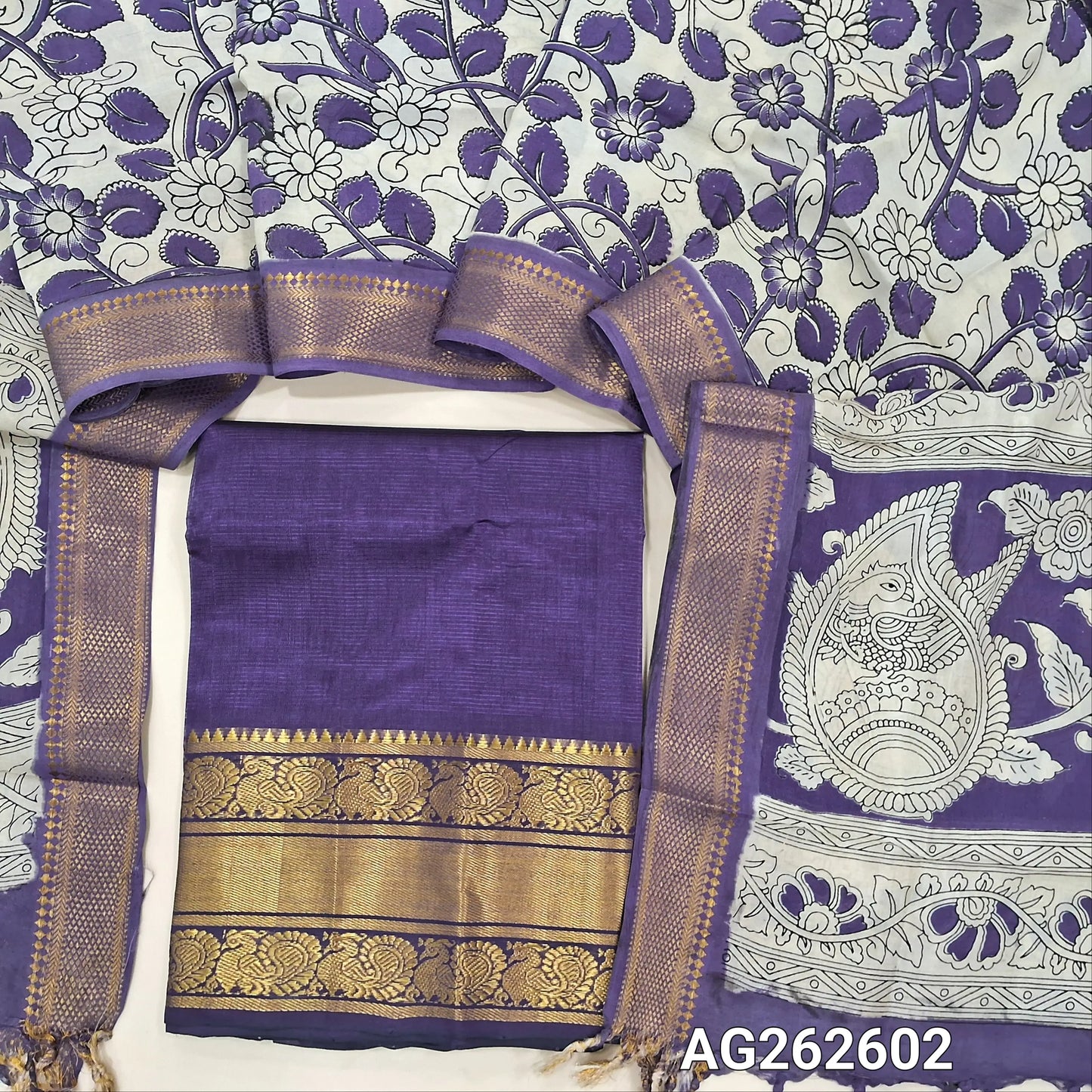 Purple pure mangalgiri silk unstitched salwar material, rich gold zari woven borders (Lining Needed) NO BOTTOM, pen kalamkari chennuri silk dupatta with nizam borders. INCONSITENCY IN DYES AND STAINS ARE NOT DEFECTS.. AG262602