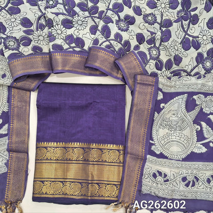 Purple pure mangalgiri silk unstitched salwar material, rich gold zari woven borders (Lining Needed) NO BOTTOM, pen kalamkari chennuri silk dupatta with nizam borders. INCONSITENCY IN DYES AND STAINS ARE NOT DEFECTS.. AG262602