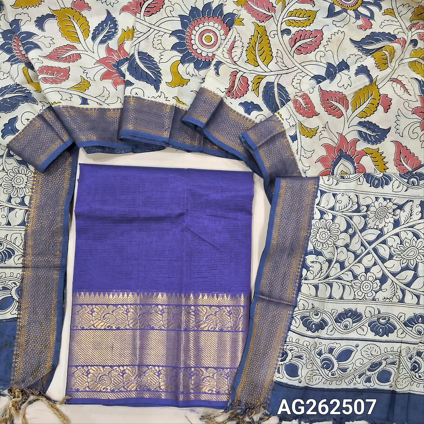 Violet pure mangalgiri silk unstitched salwar material, rich gold zari woven borders (Lining Needed) NO BOTTOM, pen kalamkari chennuri silk dupatta with nizam borders. INCONSITENCY IN DYES AND STAINS ARE NOT DEFECTS.. AG262507