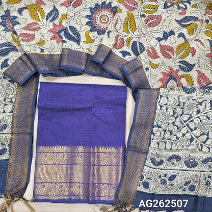 Violet pure mangalgiri silk unstitched salwar material, rich gold zari woven borders (Lining Needed) NO BOTTOM, pen kalamkari chennuri silk dupatta with nizam borders. INCONSITENCY IN DYES AND STAINS ARE NOT DEFECTS.. AG262507