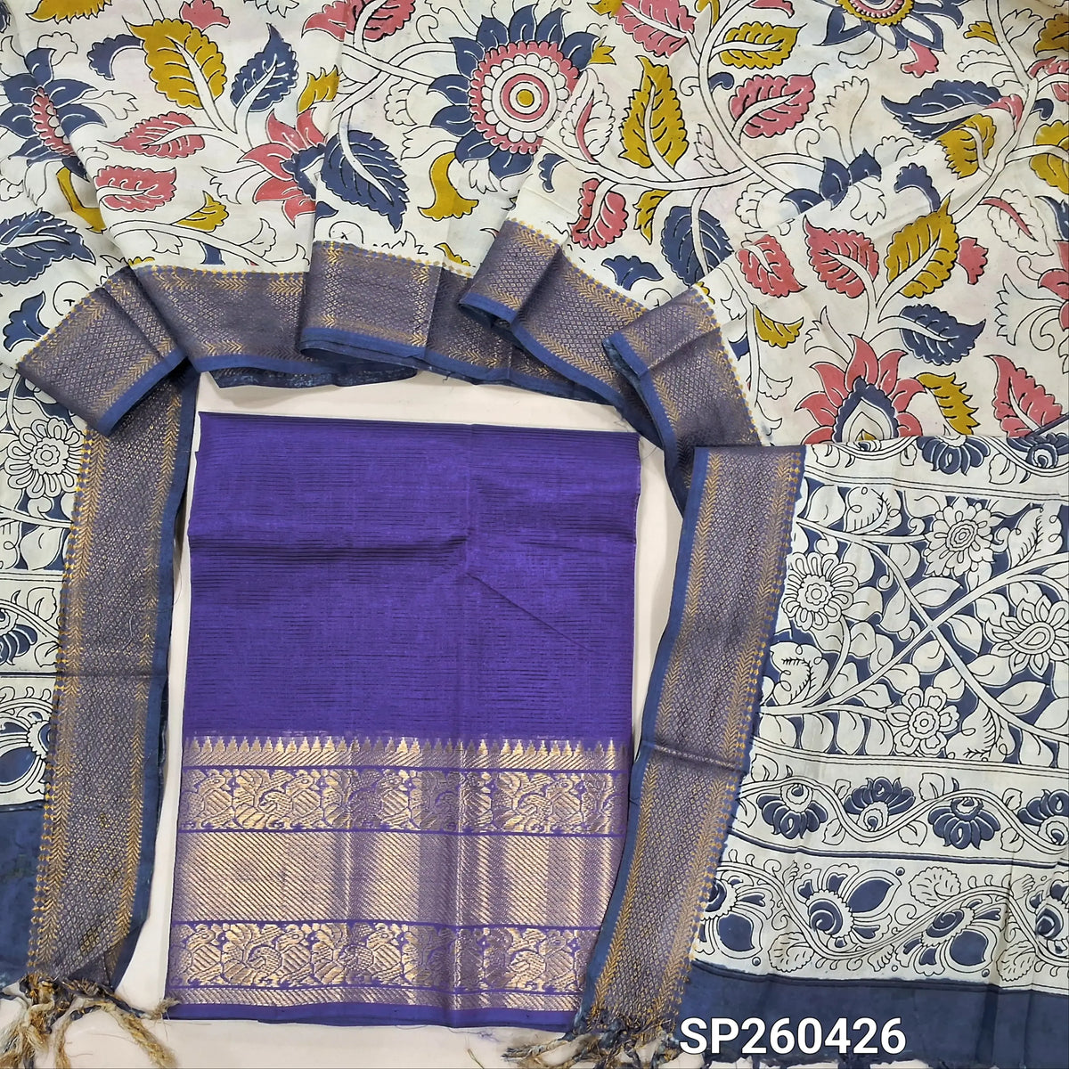 Purple pure mangalgiri silk unstitched salwar material, rich gold zari woven borders (Lining Needed) NO BOTTOM, pen kalamkari chennuri silk dupatta with nizam borders. INCONSITENCY IN DYES AND STAINS ARE NOT DEFECTS.. SP260426
