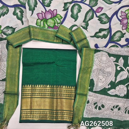 Bottle Green pure mangalgiri silk unstitched salwar material, rich gold zari woven borders (Lining Needed) NO BOTTOM, pen kalamkari chennuri silk dupatta with nizam borders. INCONSITENCY IN DYES AND STAINS ARE NOT DEFECTS.. AG262508
