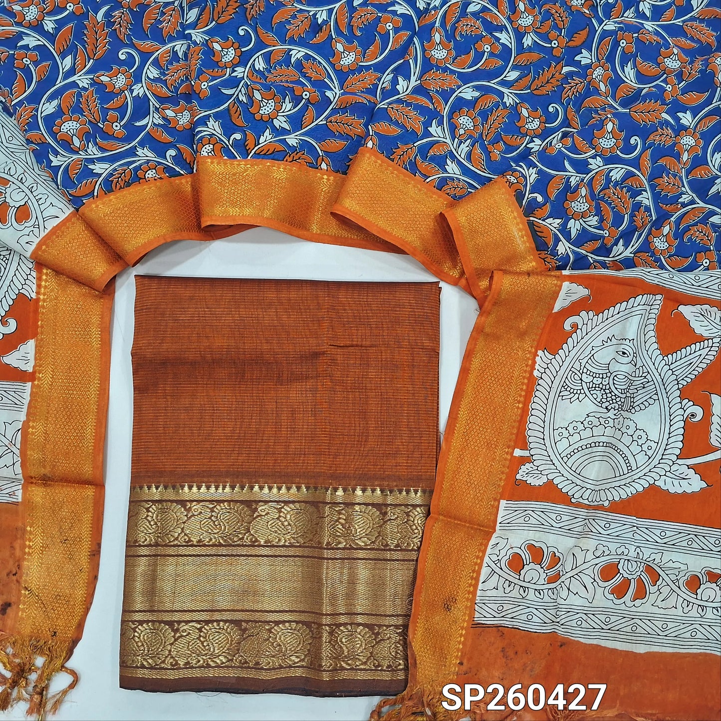 Rust Orange pure mangalgiri silk unstitched salwar material, rich gold zari woven borders (Lining Needed) NO BOTTOM, pen kalamkari chennuri silk dupatta with nizam borders. INCONSITENCY IN DYES AND STAINS ARE NOT DEFECTS.. SP260427