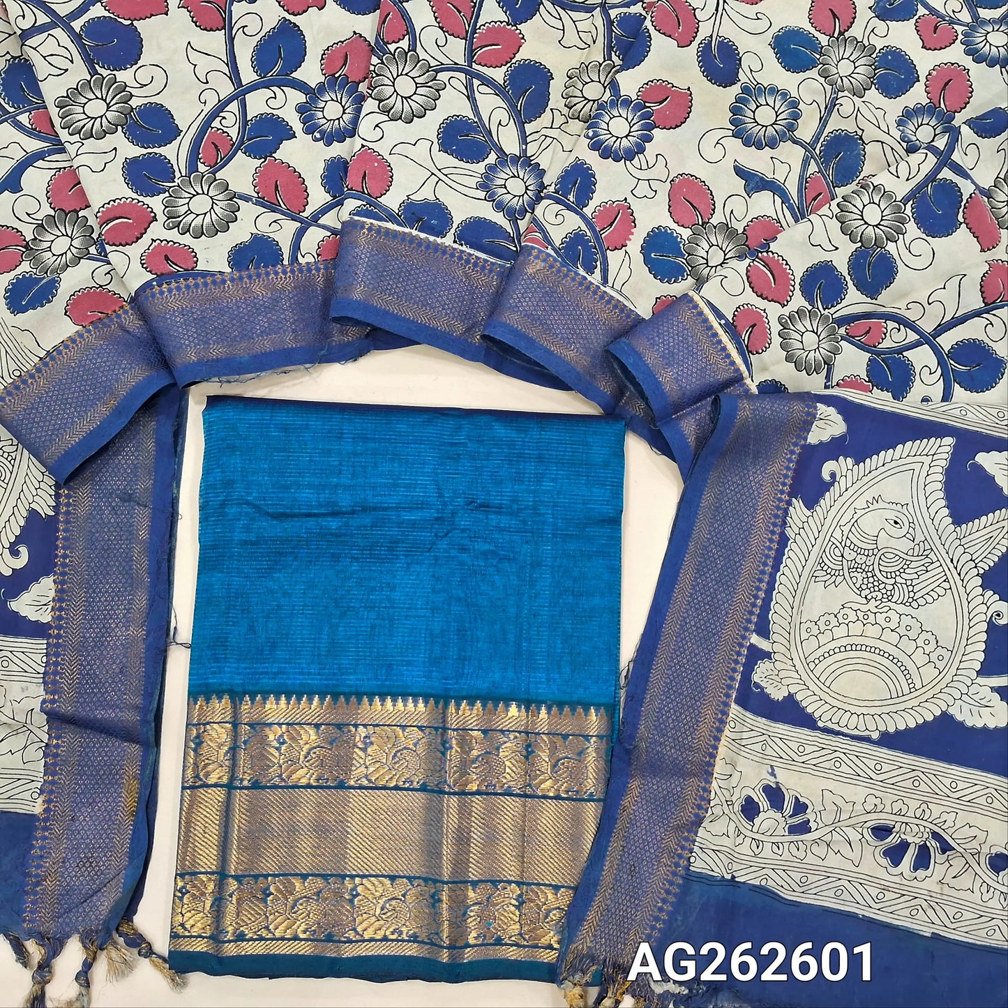 Peacock Blue pure mangalgiri silk unstitched salwar material, rich gold zari woven borders (Lining Needed) NO BOTTOM, pen kalamkari chennuri silk dupatta with nizam borders. INCONSITENCY IN DYES AND STAINS ARE NOT DEFECTS.. AG262601