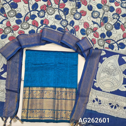 Peacock Blue pure mangalgiri silk unstitched salwar material, rich gold zari woven borders (Lining Needed) NO BOTTOM, pen kalamkari chennuri silk dupatta with nizam borders. INCONSITENCY IN DYES AND STAINS ARE NOT DEFECTS.. AG262601