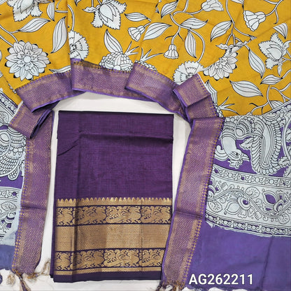 Dark wine purple pure mangalgiri silk unstitched salwar material, rich gold zari woven borders (Lining Needed) NO BOTTOM, pen kalamkari chennuri silk dupatta with nizam borders. INCONSITENCY IN DYES AND STAINS ARE NOT DEFECTS.. AG262211