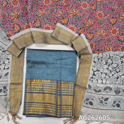 Silver Grey pure mangalgiri silk unstitched salwar material, rich gold zari woven borders (Lining Needed) NO BOTTOM, pen kalamkari chennuri silk dupatta with nizam borders. INCONSITENCY IN DYES AND STAINS ARE NOT DEFECTS.. AG262605