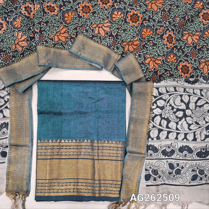 Powder Blue pure mangalgiri silk unstitched salwar material, rich gold zari woven borders (Lining Needed) NO BOTTOM, pen kalamkari chennuri silk dupatta with nizam borders. INCONSITENCY IN DYES AND STAINS ARE NOT DEFECTS.. AG262509