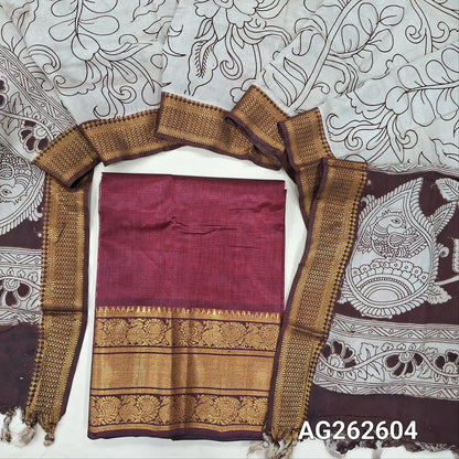 Maroon pure mangalgiri silk unstitched salwar material, rich gold zari woven borders (Lining Needed) NO BOTTOM, pen kalamkari chennuri silk dupatta with nizam borders. INCONSITENCY IN DYES AND STAINS ARE NOT DEFECTS.. AG262604