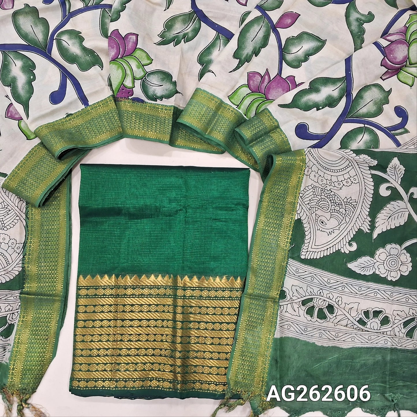 Bottle Green pure mangalgiri silk unstitched salwar material, rich gold zari woven borders (Lining Needed) NO BOTTOM, pen kalamkari chennuri silk dupatta with nizam borders. INCONSITENCY IN DYES AND STAINS ARE NOT DEFECTS.. AG262606
